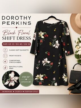 Dorothy Perkins Black Floral Long Sleeve Shift Dress US 12